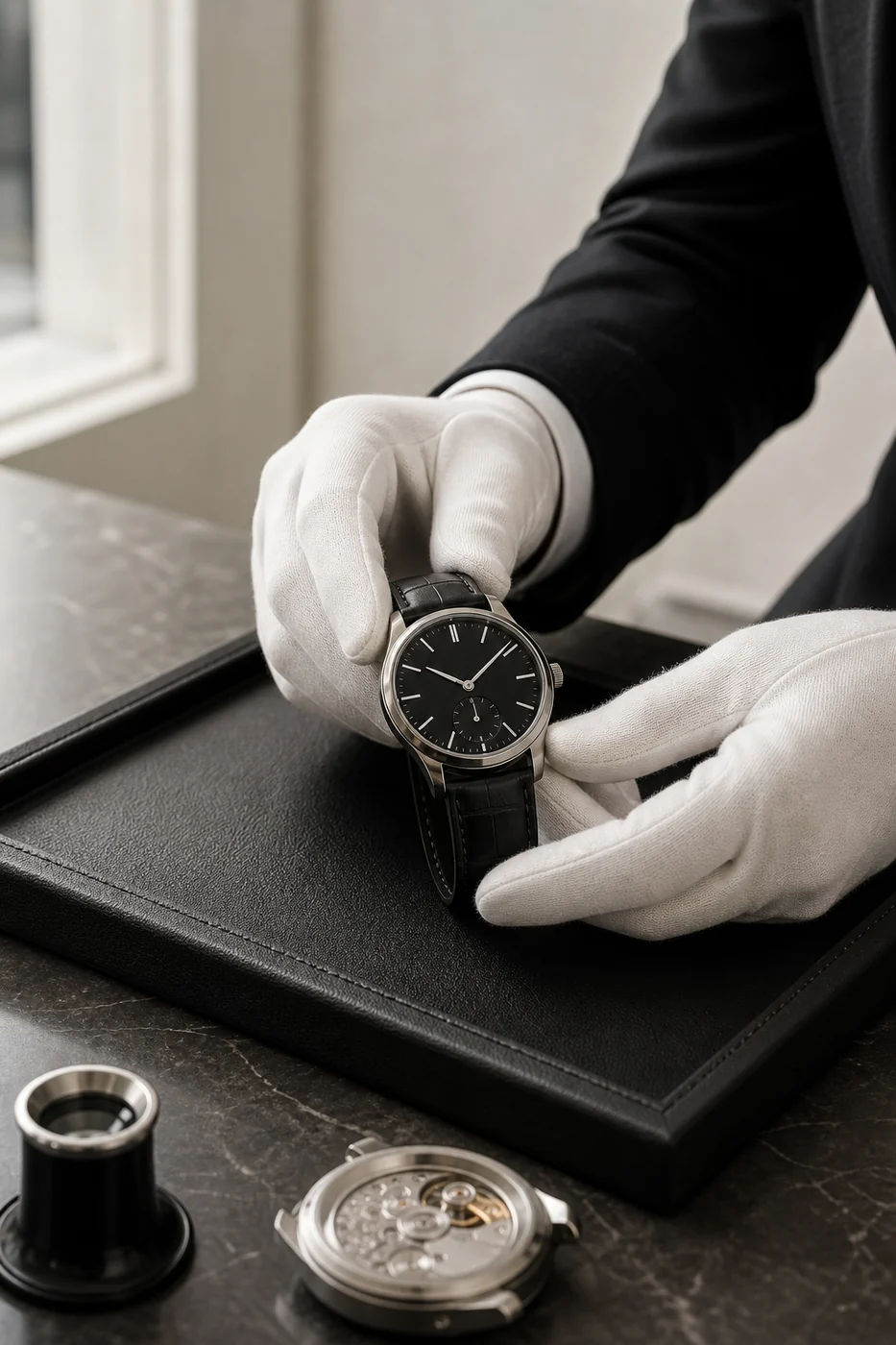 Specialist inspecting a luxury watch